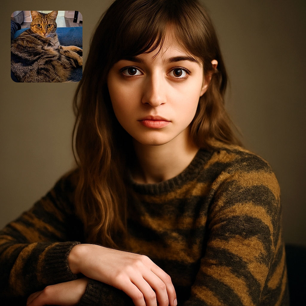 A cozy tabby cat lounges on a blue couch, eyes wide and alert, as if ready to pounce on an invisible laser pointer. The warm indoor setting with soft lighting adds to the relaxed vibe of this feline chill session.
