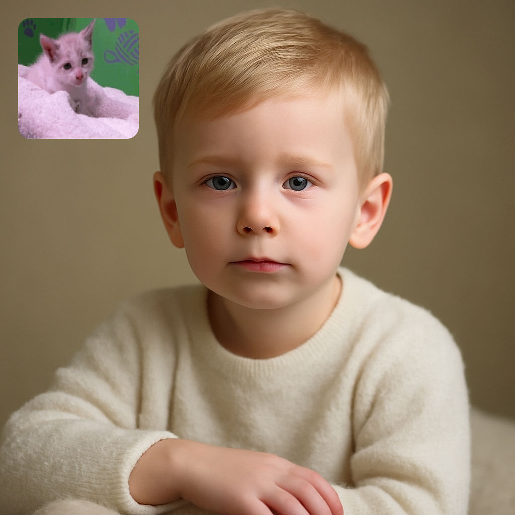 A slightly blurry photo of an adorable kitten nestled in a soft, fluffy blanket with a green background decorated with purple paw prints and yarn ball illustrations.