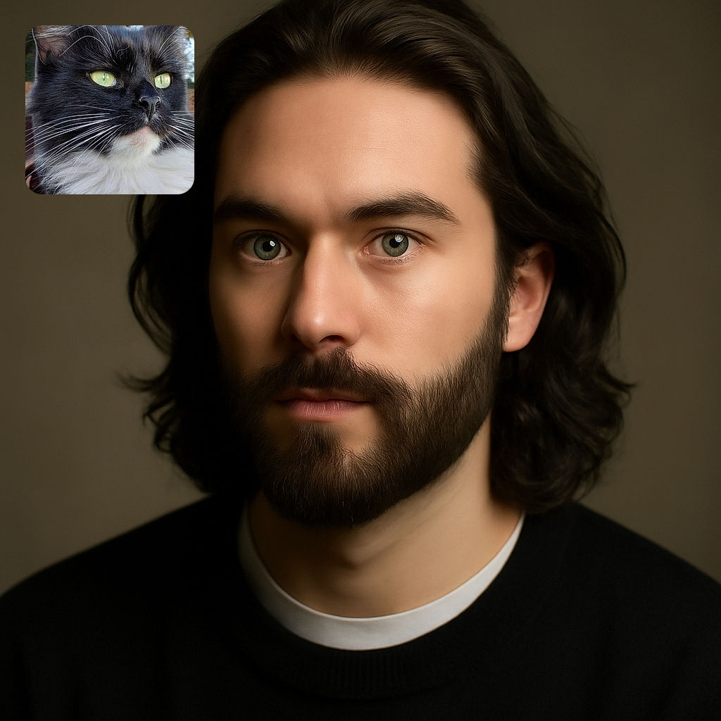 A majestic close-up of a tuxedo cat with striking yellow eyes looking off into the distance, showcasing its sharp white whiskers and fluffy chest fur against a softly blurred autumnal background.