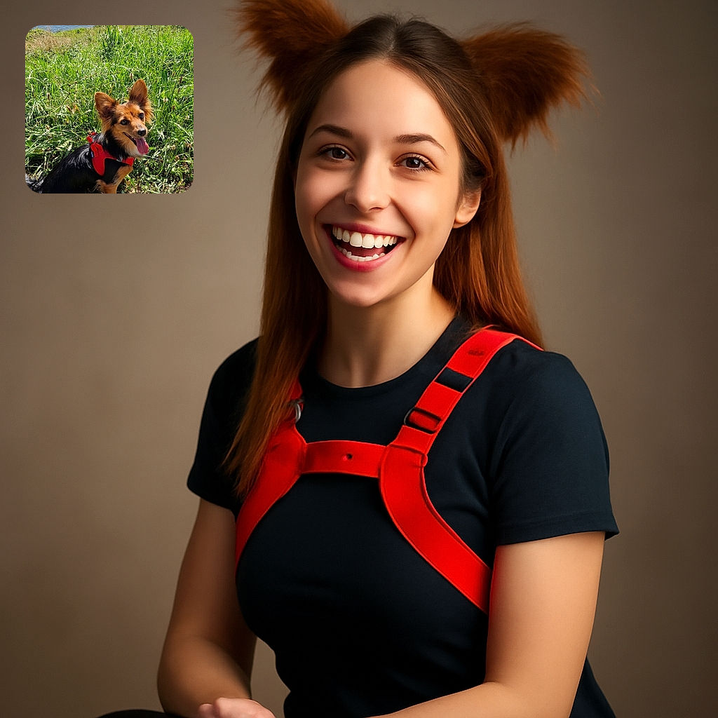 A happy small dog with a red harness sits on lush green grass near a body of water, tongue out and ears perked, enjoying a sunny day outdoors.