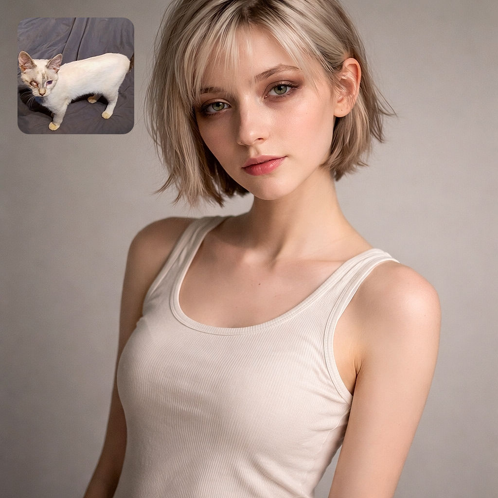 A curious pale kitten prowls across a rumpled bed, one eye cloudy and the other peeking toward the camera like a tiny pirate considering mischief. Soft fur, big ears, and a dramatic shadow do all the posing while the duvet provides an unimpressed runway.