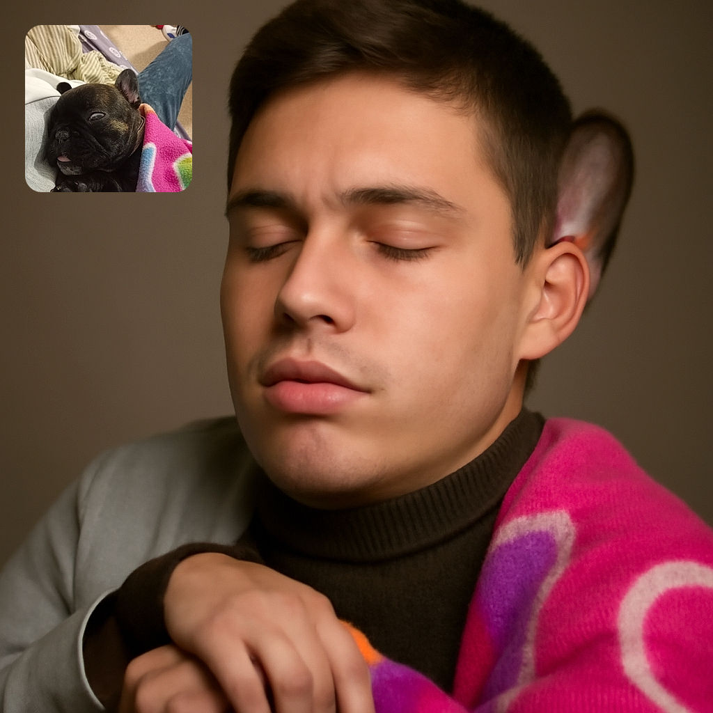 A cozy little French Bulldog puppy snuggled up in a colorful blanket, looking adorably sleepy with its tongue slightly sticking out, resting comfortably on a person's lap.