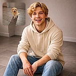 A happy golden retriever sits obediently on a tiled floor, looking up with a big smile and tongue out, radiating pure doggy joy in a simple indoor setting.
