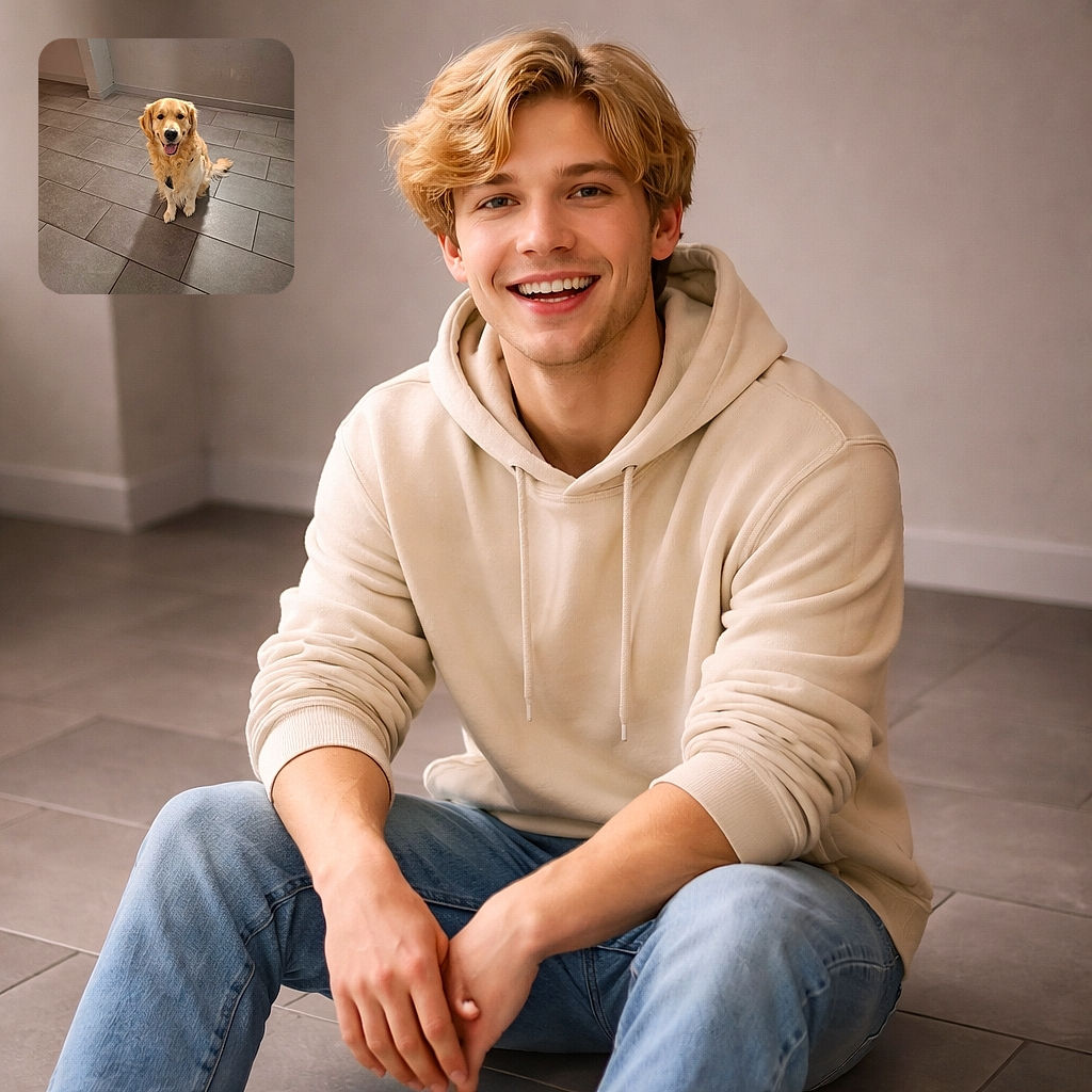 A happy golden retriever sits obediently on a tiled floor, looking up with a big smile and tongue out, radiating pure doggy joy in a simple indoor setting.