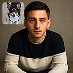 A charming tricolor corgi sits patiently on a tiled floor, looking up with big, expressive eyes and perky ears as if waiting for a treat or a walk.