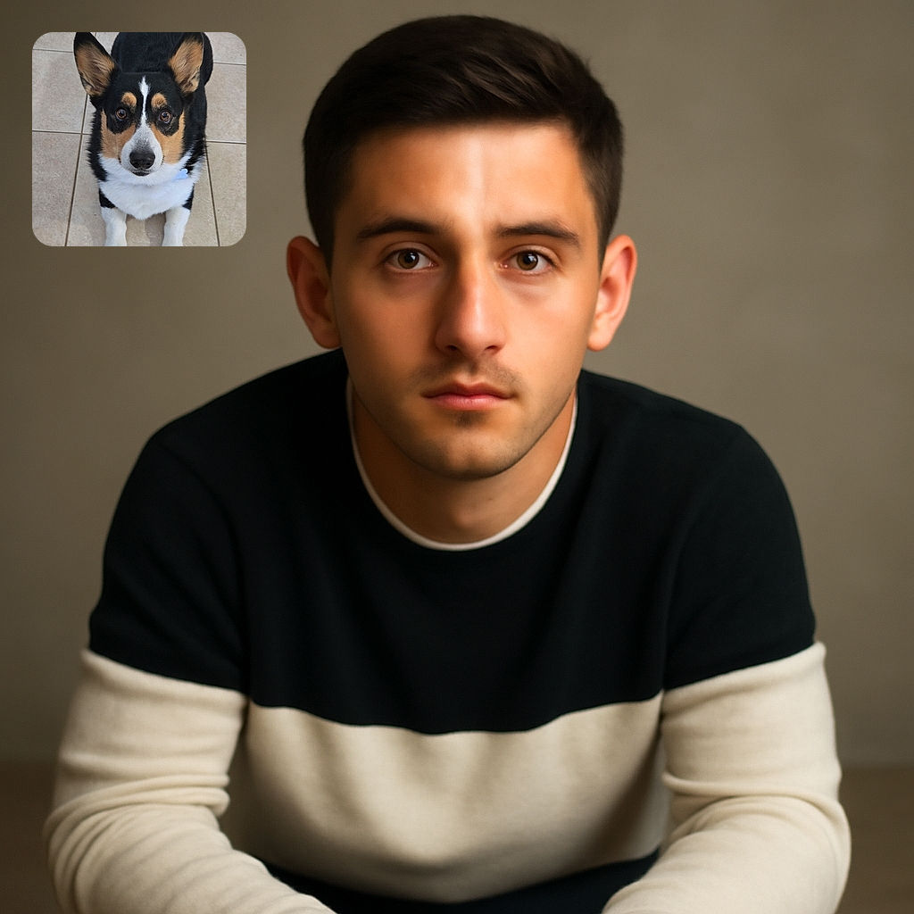 A charming tricolor corgi sits patiently on a tiled floor, looking up with big, expressive eyes and perky ears as if waiting for a treat or a walk.