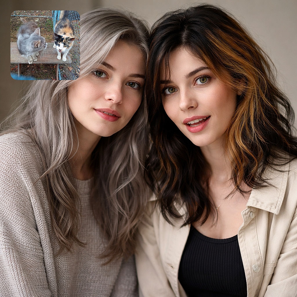 Two curious cats cram onto a weathered wooden bench beside a wire fence — a grey fluffball leaning in mid-sniff while a feisty calico poses with its mouth open like it’s demanding treats. Leaves and grass litter the yard for a rustic, candid vibe; one cat is slightly blurred from motion, the other gives full dramatic expression.