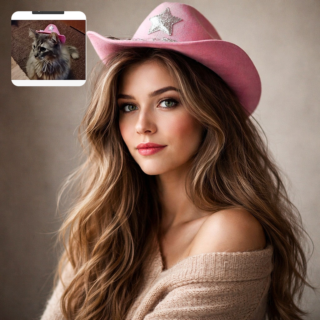 A fluffy long-haired cat rocks a tiny pink cowboy hat with a glittery star, staring off like a western movie star caught mid-ponder — majestic, slightly bewildered, and clearly plotting snack time.
