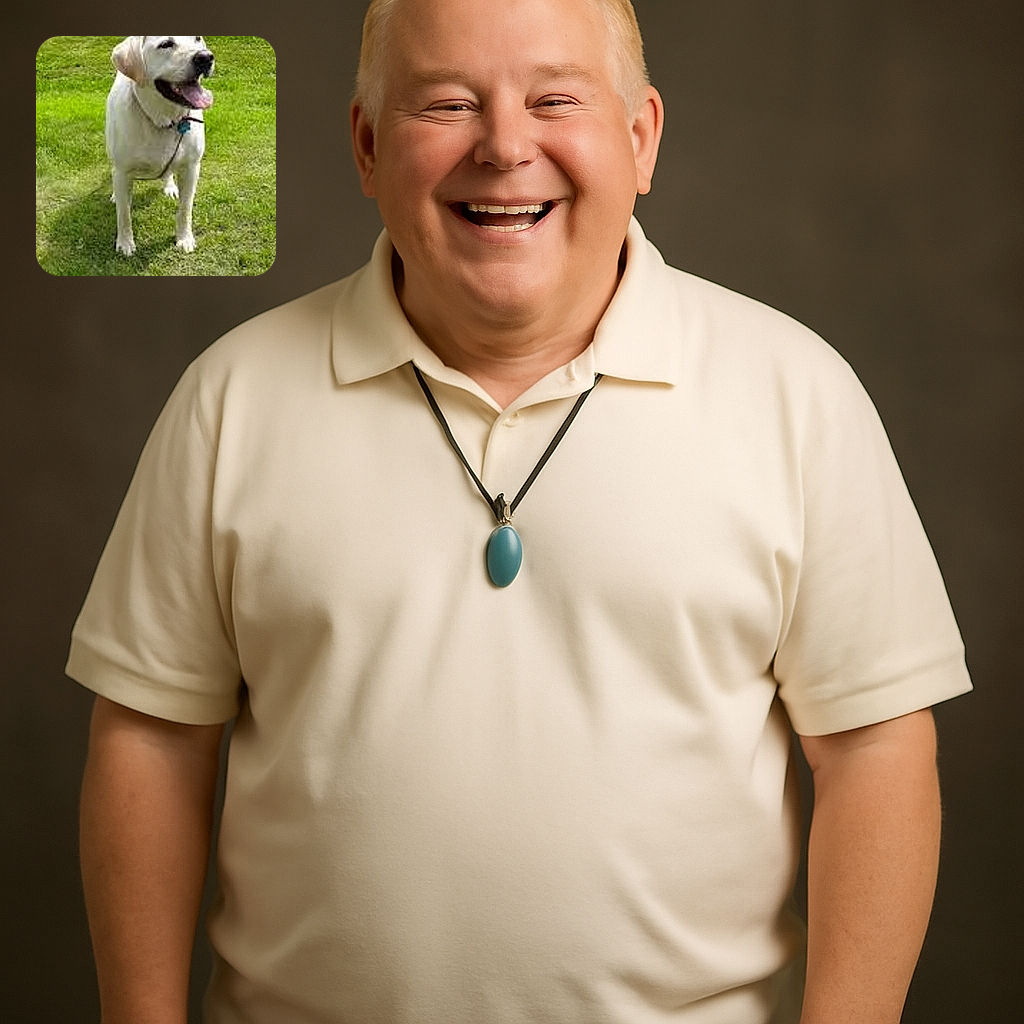A happy yellow Labrador Retriever standing on a green lawn with a slightly blurred background including a road and parked cars. The photo appears to be a screenshot from a phone gallery with date and location details visible at the top.