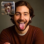 A happy dog with a big goofy tongue is sitting on carpeted stairs, looking up with bright eyes and a friendly expression, ready to brighten anyone's day.