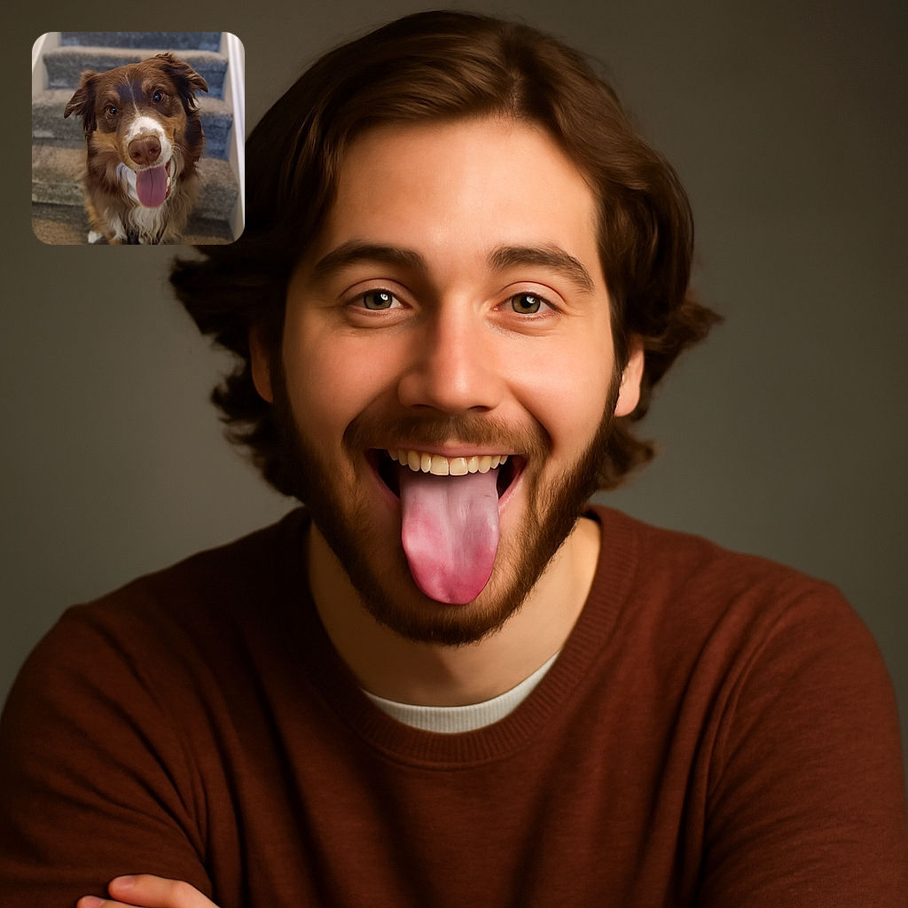 A happy dog with a big goofy tongue is sitting on carpeted stairs, looking up with bright eyes and a friendly expression, ready to brighten anyone's day.