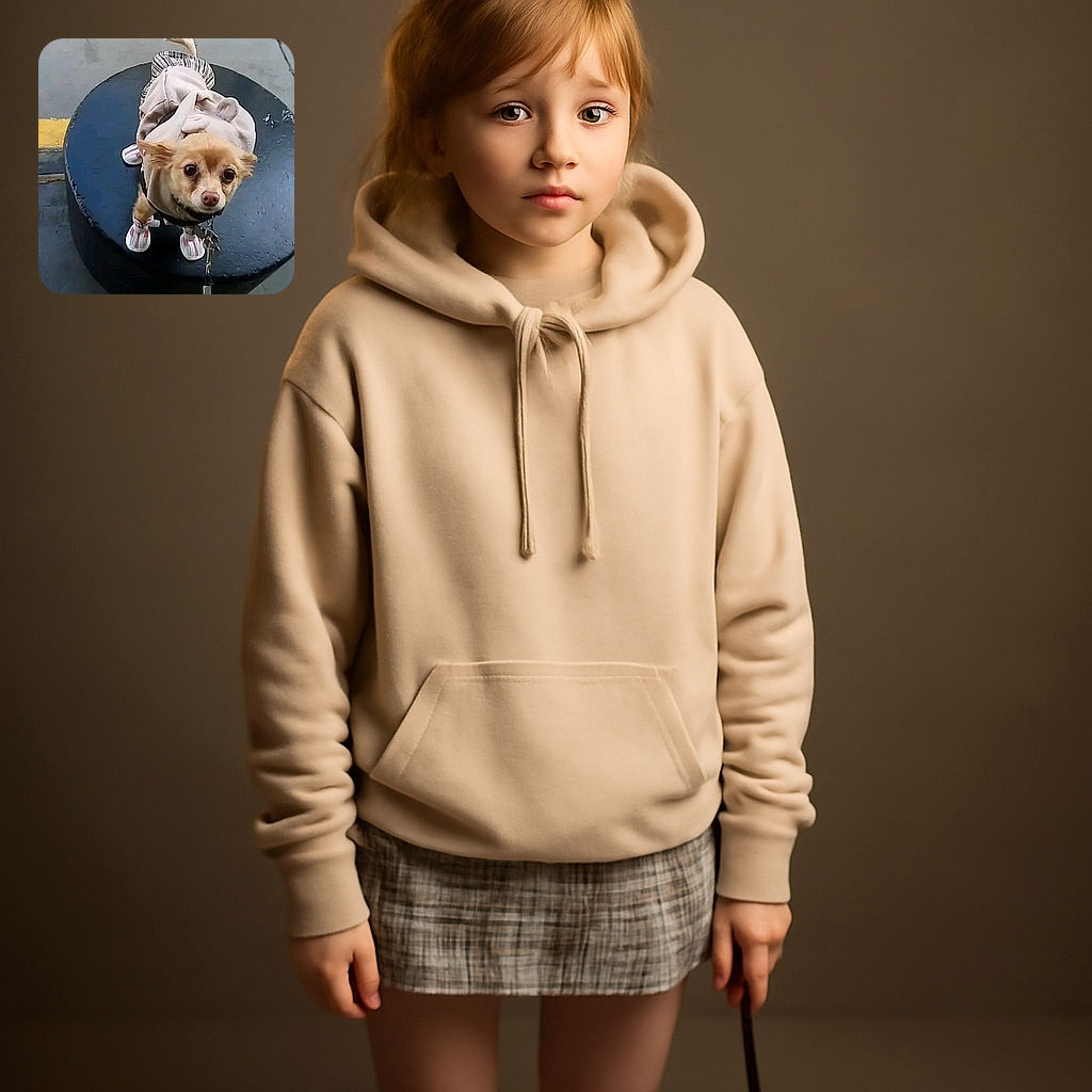 A small dog dressed in a cute outfit and tiny shoes stands on a black circular platform, looking up with big, curious eyes. The concrete background and leash add a casual urban vibe to this adorable fashion statement.