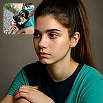 A close-up photo of an attentive German Shepherd puppy being gently held by a person wearing a turquoise shirt. The background is softly blurred, focusing all attention on the puppy's expressive eyes and large ears, capturing a tender moment of companionship.
