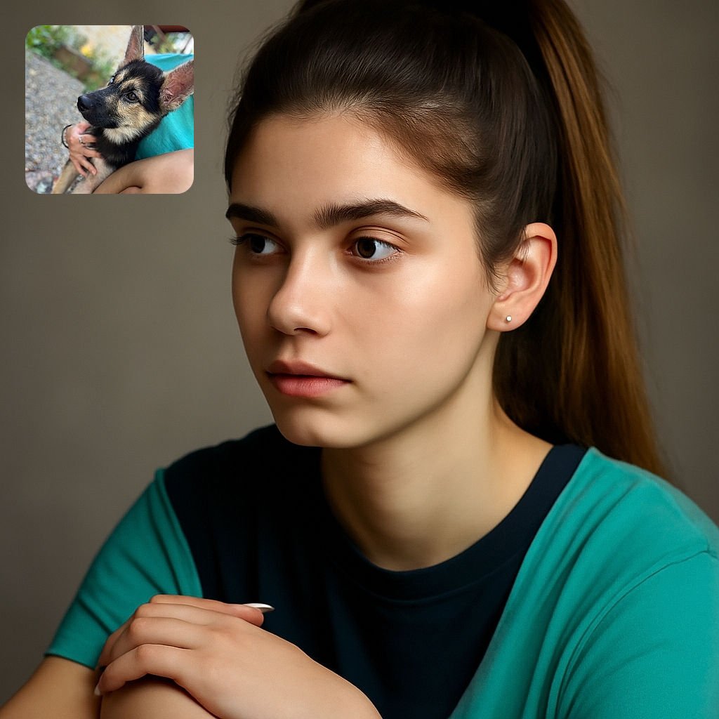 A close-up photo of an attentive German Shepherd puppy being gently held by a person wearing a turquoise shirt. The background is softly blurred, focusing all attention on the puppy's expressive eyes and large ears, capturing a tender moment of companionship.