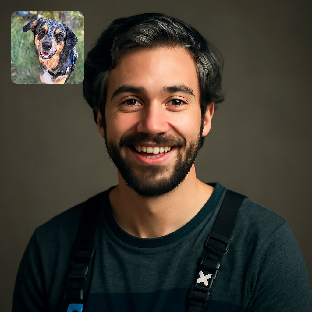A charming dog with a speckled black and tan coat, wearing a blue harness, smiles warmly at the camera in a sunlit outdoor setting with blurred greenery in the background, capturing a moment of joyful canine friendliness.