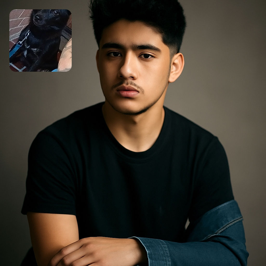 A cute black dog with shiny eyes is sitting calmly against a brick wall, with a blue leash attached to its collar. Part of a tattooed arm and denim jeans are visible in the foreground, giving a casual and cozy vibe.