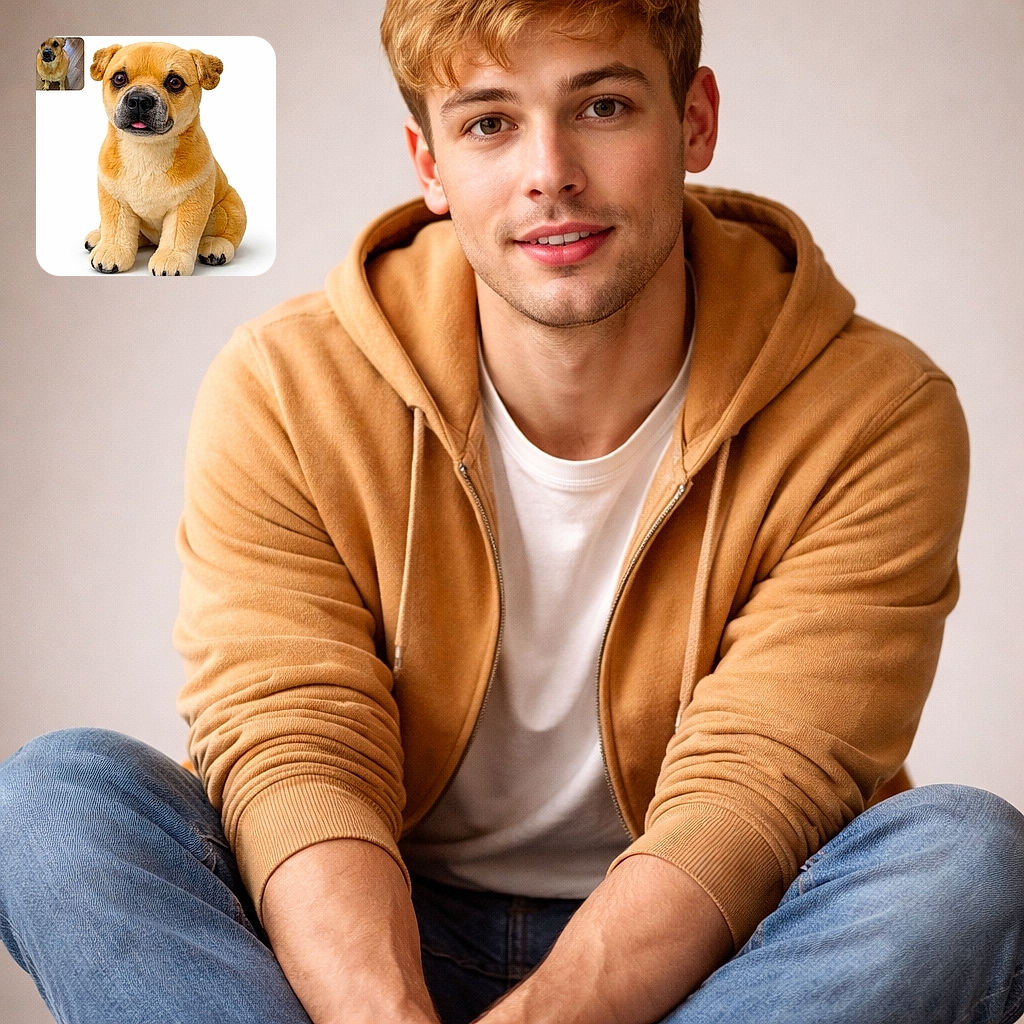 A plush dog that looks almost suspiciously alive sits center-stage with a tiny pink tongue peeking out — studio-white background and velvety fur make it look like a product superstar. In the top-left corner there’s a small inset photo of a real dog on a hardwood floor, like the cameo appearance in a toy’s glamour shot.