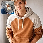 A squat little dog looks up with big pleading eyes from a weathered wooden deck, tail curled like a cinnamon roll while a human leg, a shoe and a bare foot frame the scene — basically a tiny fluffy negotiation for snacks.