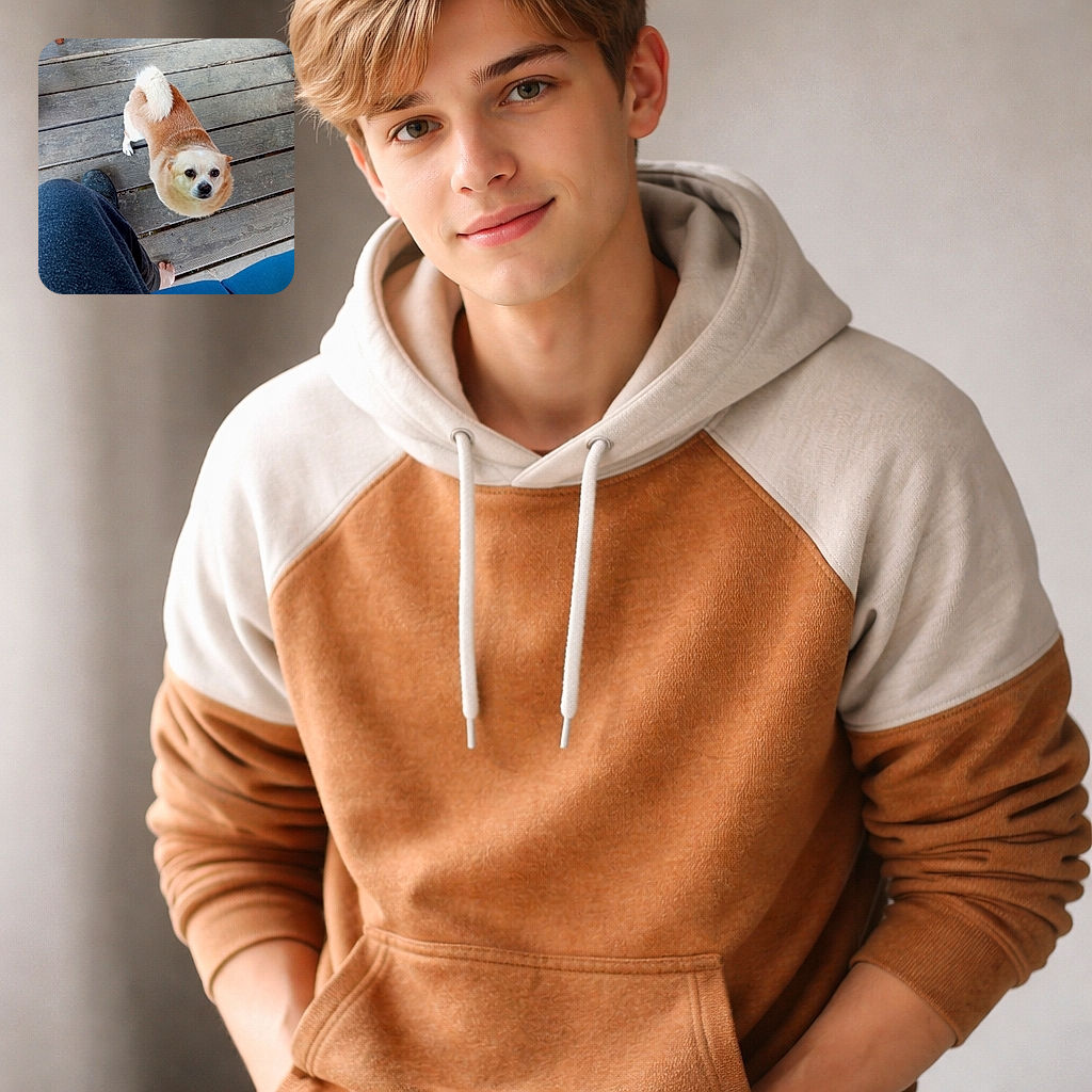 A squat little dog looks up with big pleading eyes from a weathered wooden deck, tail curled like a cinnamon roll while a human leg, a shoe and a bare foot frame the scene — basically a tiny fluffy negotiation for snacks.