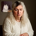 A fluffy white cat with some dark markings on its head sits calmly on a colorful bedspread, looking slightly sleepy or unimpressed in a dimly lit room with a wooden bedpost in the background.