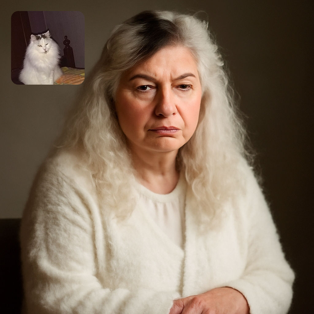 A fluffy white cat with some dark markings on its head sits calmly on a colorful bedspread, looking slightly sleepy or unimpressed in a dimly lit room with a wooden bedpost in the background.