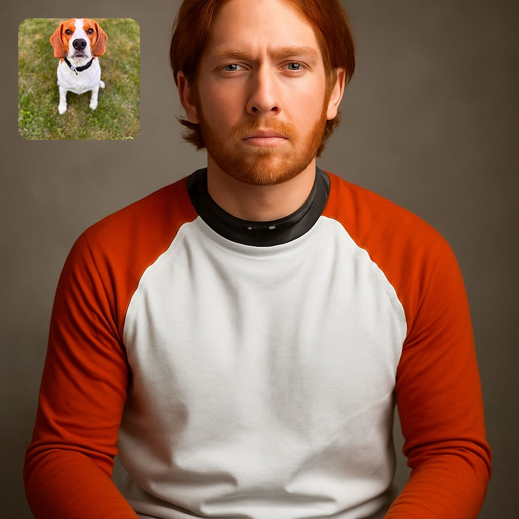 A charming beagle dog sits attentively on a grassy lawn, eyes locked on the camera with a soulful gaze, ears flopped down and a black collar around its neck. The background is softly blurred, making the dog the star of this well-focused and heartwarming portrait.
