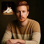 A serene cream and white cat lounges regally on a textured brown cushion, bathed in warm, soft light that highlights its fluffy fur against a dark, shadowy background, creating a cozy and intimate atmosphere.