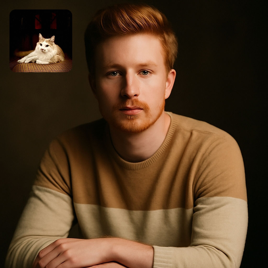 A serene cream and white cat lounges regally on a textured brown cushion, bathed in warm, soft light that highlights its fluffy fur against a dark, shadowy background, creating a cozy and intimate atmosphere.