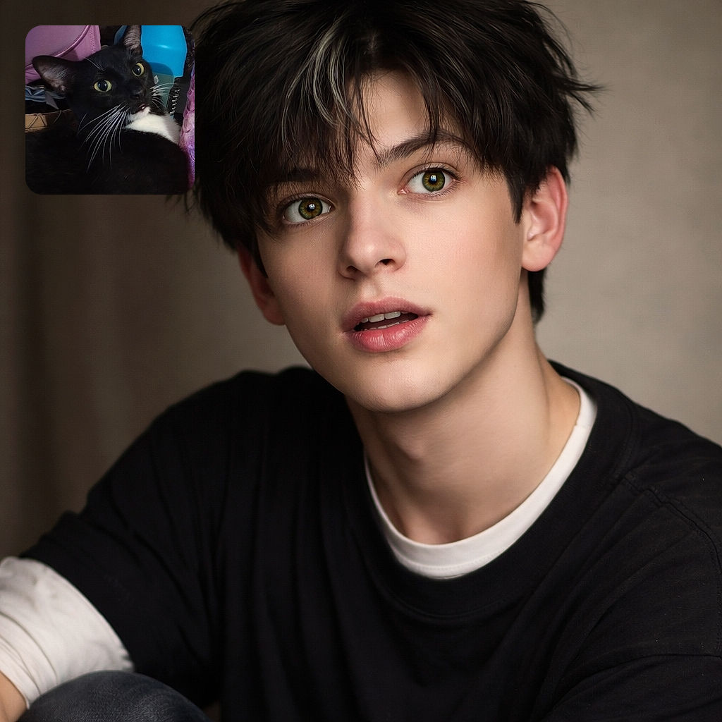 A startled tuxedo cat in a cozy clutter of bags and bottles, eyes wide and whiskers on full alert as if caught mid-gossip — equal parts diva and ninja.