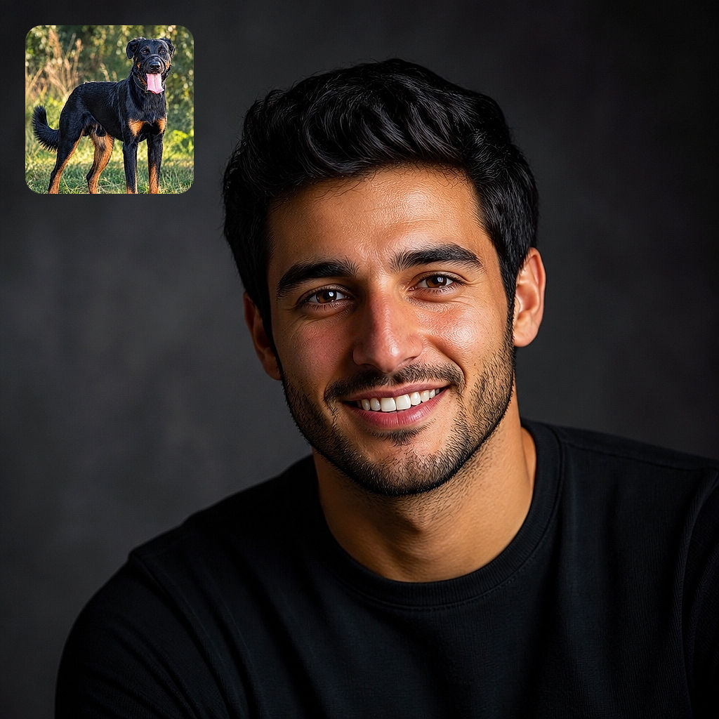 A handsome black-and-tan dog stands proudly in the sunshine, flashing a huge pink tongue like it just won an award for Most Dramatic Panting. The leafy outdoor background provides a warm, softly blurred stage for this four-legged superstar.
