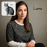 A regal tabby cat named Luna sits poised against a plain background, her green eyes gazing thoughtfully. The image is crisp and well-lit, with a clear text overlay of her name adding a personal touch.