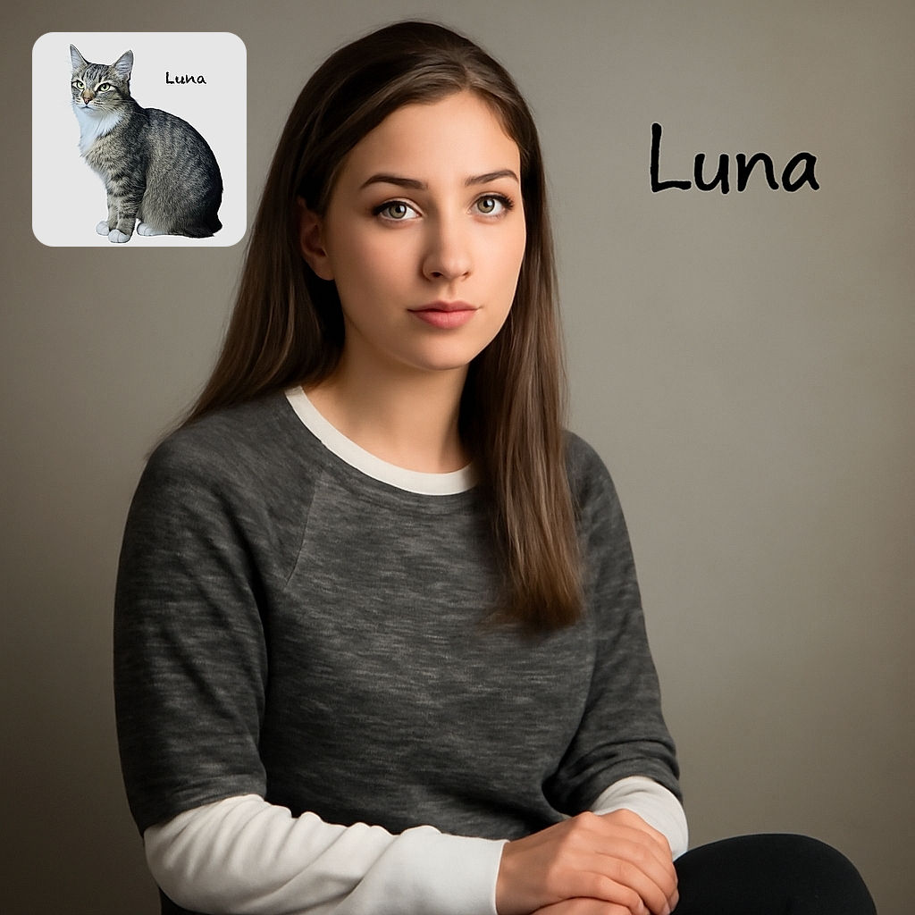 A regal tabby cat named Luna sits poised against a plain background, her green eyes gazing thoughtfully. The image is crisp and well-lit, with a clear text overlay of her name adding a personal touch.