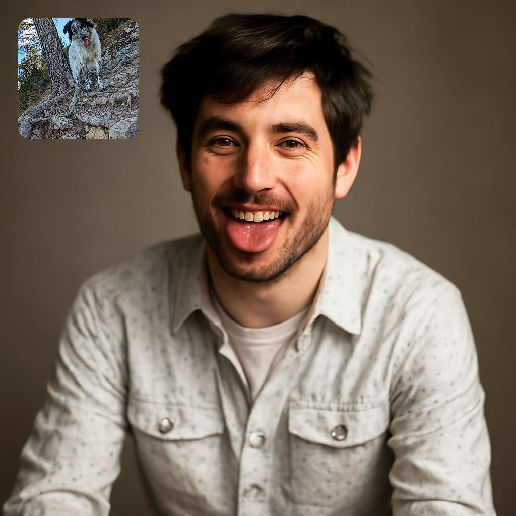 A happy, speckled dog with its tongue out stands playfully on a rocky, tree-root-covered slope under a clear blue sky, tilting its head as if pondering the mysteries of the forest.