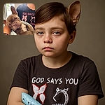 A cozy French Bulldog wrapped in a soft towel, resting comfortably in someone's arms with a peaceful expression. The person wearing a black shirt with pink text and bows adds a warm, homey vibe to the scene, while natural light filters in from a nearby window.