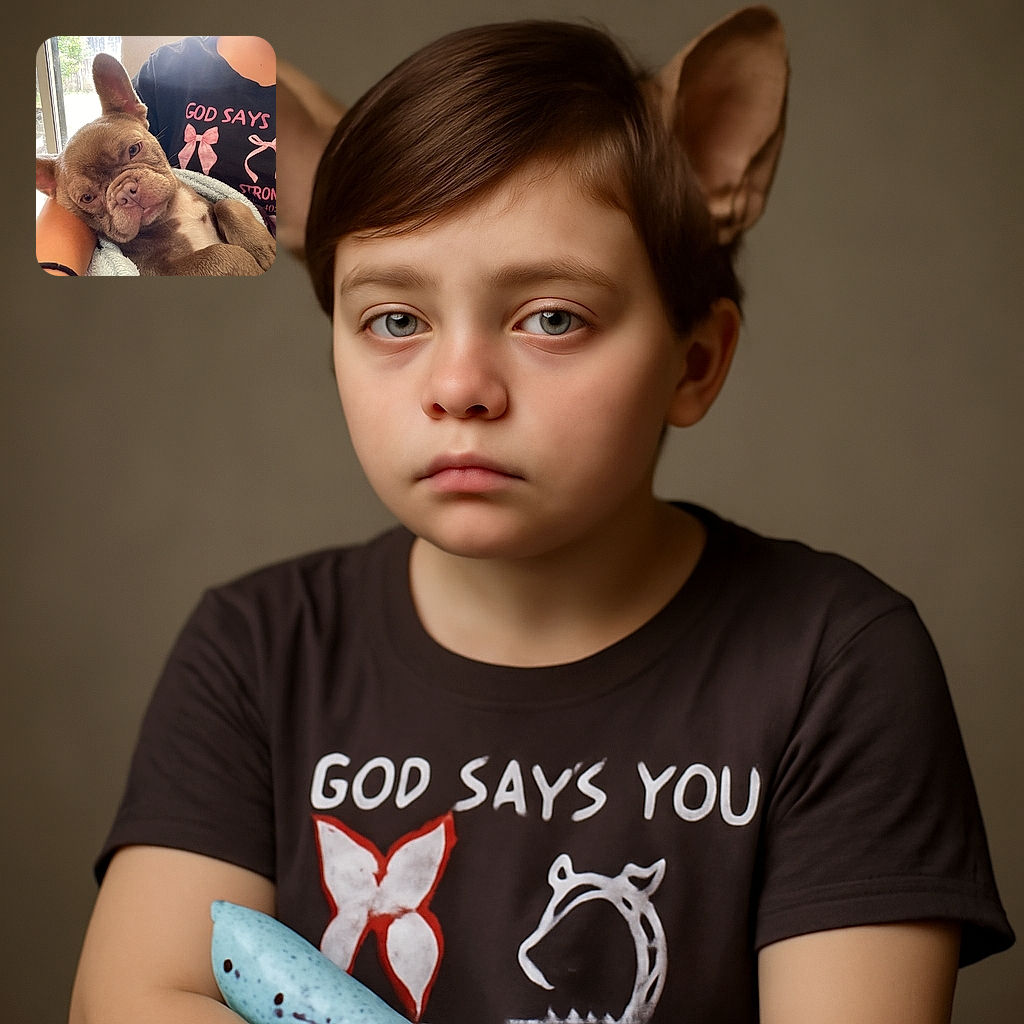 A cozy French Bulldog wrapped in a soft towel, resting comfortably in someone's arms with a peaceful expression. The person wearing a black shirt with pink text and bows adds a warm, homey vibe to the scene, while natural light filters in from a nearby window.