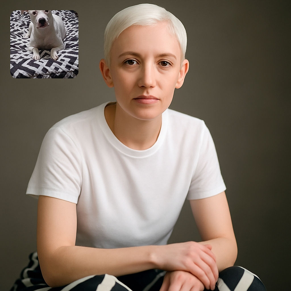 A white dog with floppy ears lounges comfortably on a bed covered with a black and white geometric patterned blanket, looking directly at the camera with a calm expression.