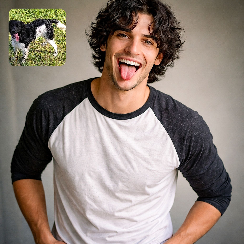 A happy black and white dog stands on a grassy field with its tongue hanging out, looking playful and energetic on a sunny day.