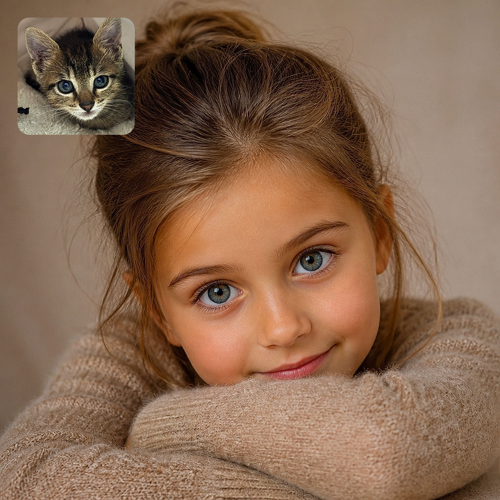 A wide-eyed tabby kitten stares into the camera like it has just discovered the most suspicious thing in the universe, cozy and bundled on a fluffy blanket.