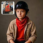 A small dog dressed like a biker, complete with a helmet, goggles, and a red bandana, sits comfortably on an orange cushion inside a metal basket attached to a motorcycle. The outdoor setting is a bit cluttered with various objects and a bicycle in the background, adding a rustic charm to this amusing and adorable biker puppy scene.