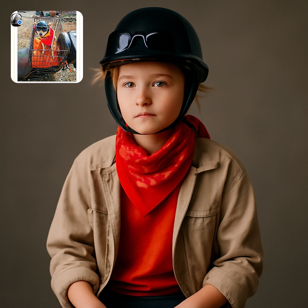 A small dog dressed like a biker, complete with a helmet, goggles, and a red bandana, sits comfortably on an orange cushion inside a metal basket attached to a motorcycle. The outdoor setting is a bit cluttered with various objects and a bicycle in the background, adding a rustic charm to this amusing and adorable biker puppy scene.