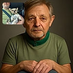 A man wearing glasses and a green shirt is sitting in a car holding a small dog on his lap. The dog looks relaxed with its paws up, and both seem to be enjoying a calm moment during the car ride.