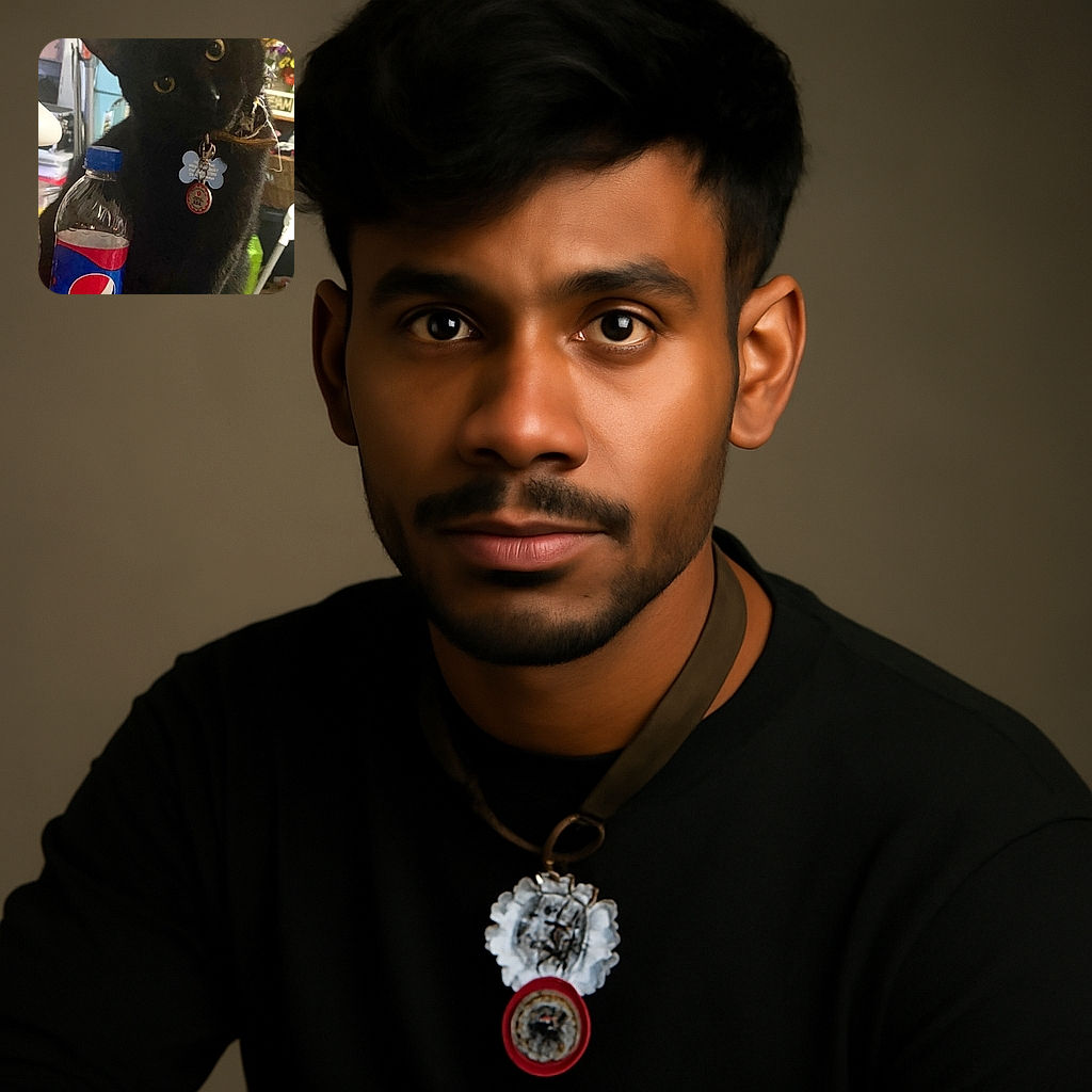 A curious black cat with bright eyes tilts its head inquisitively next to a bottle of cherry Pepsi, surrounded by a cozy cluttered room with shelves and a leopard print carpet.