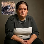A sturdy bulldog sits patiently on a patch of dirt and dried leaves, chained nearby with a background scattered with natural debris and a worn tire, looking like it's guarding its outdoor kingdom with a serious face.