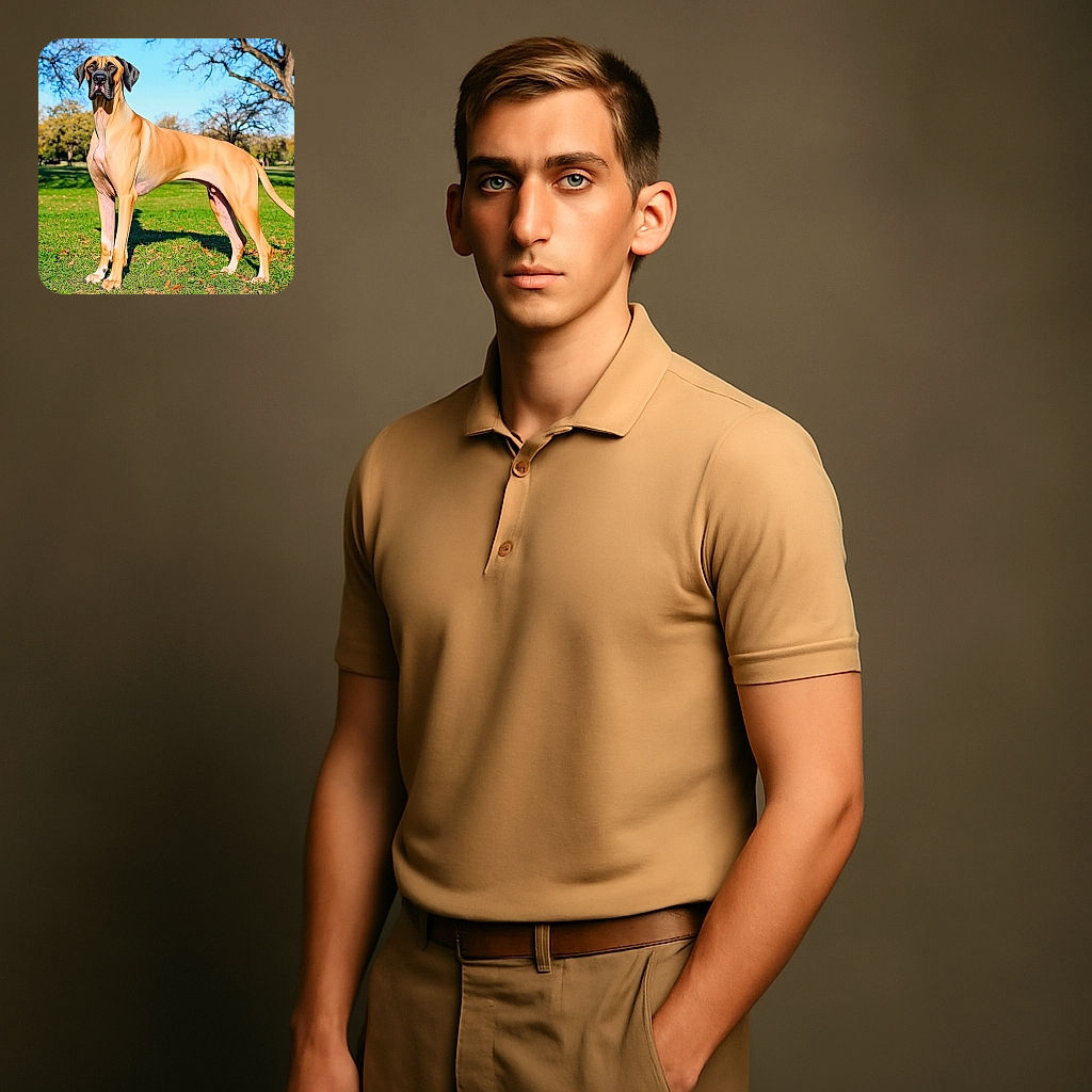A majestic Great Dane stands proudly on a lush green lawn under a clear blue sky, surrounded by autumn trees. The dog's attentive gaze and strong posture make it look like the king of the park.