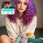 A charming poodle with vibrant purple-tinted ears poses on a green carpet, surrounded by colorful plush toys. The image includes a colorful overlay with voting details and contest rankings, making it clear this pup is a serious competitor in a dog contest.