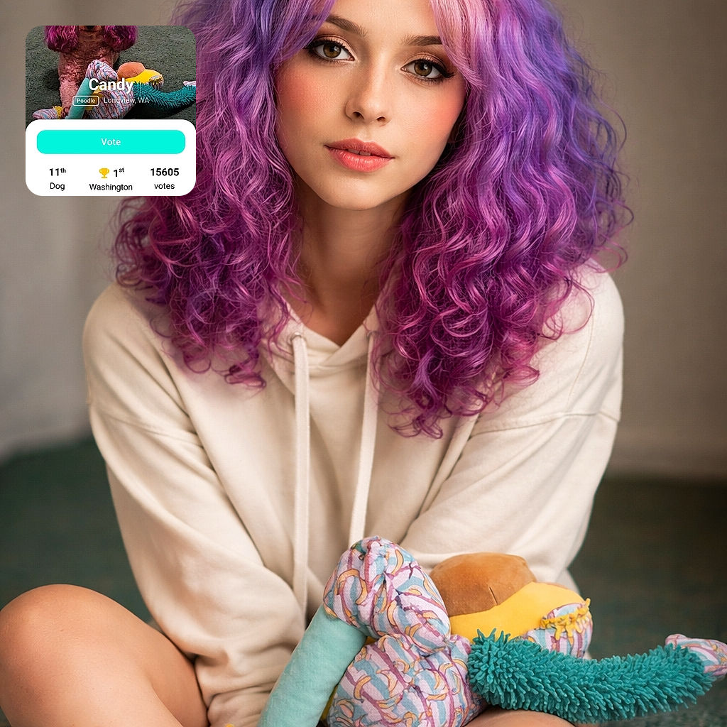 A charming poodle with vibrant purple-tinted ears poses on a green carpet, surrounded by colorful plush toys. The image includes a colorful overlay with voting details and contest rankings, making it clear this pup is a serious competitor in a dog contest.