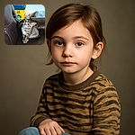 A curious tabby kitten sitting on a brown leather couch, tilting its head adorably. Behind it, a bright yellow container of Purina Tidy Cats litter adds a splash of color to the otherwise muted background.