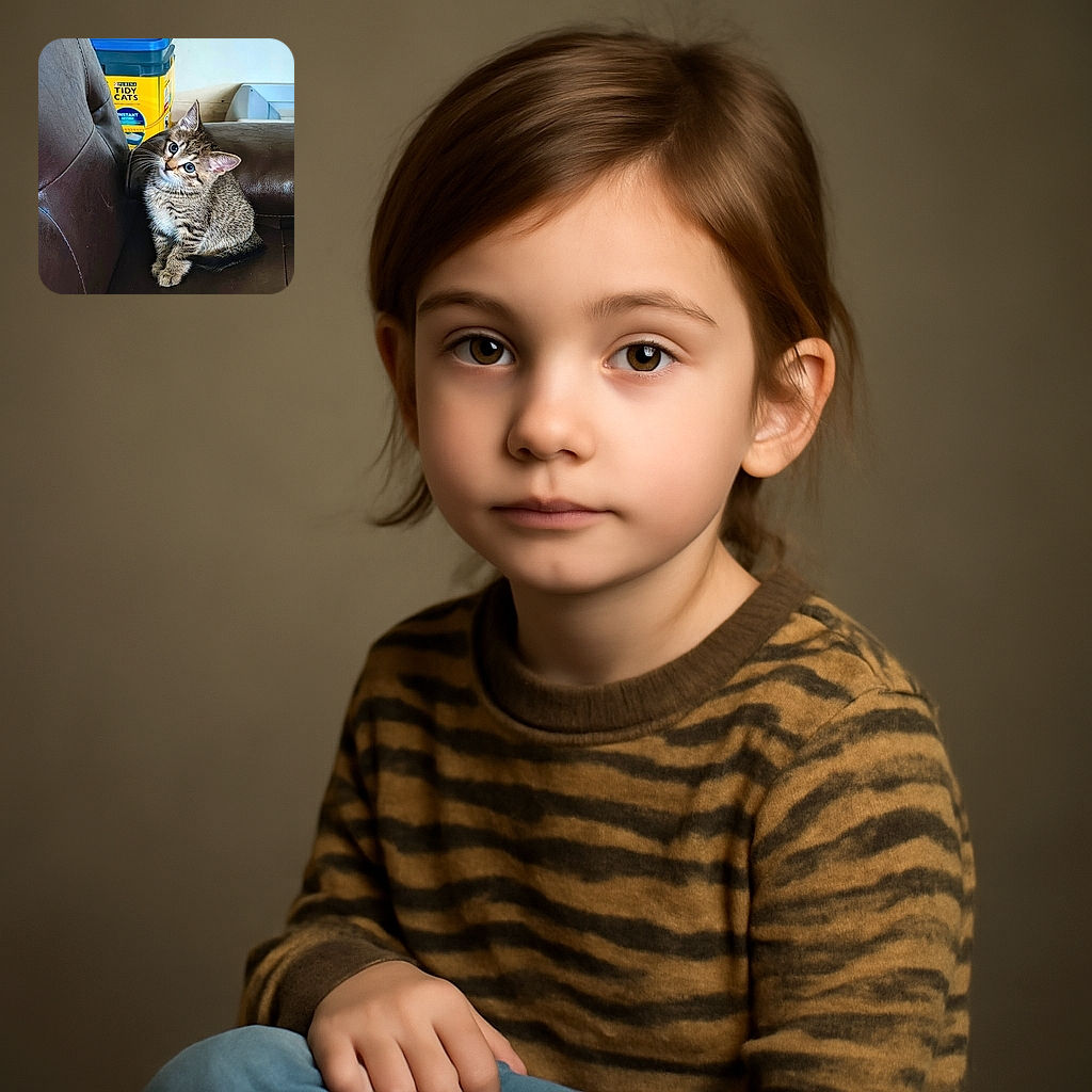 A curious tabby kitten sitting on a brown leather couch, tilting its head adorably. Behind it, a bright yellow container of Purina Tidy Cats litter adds a splash of color to the otherwise muted background.