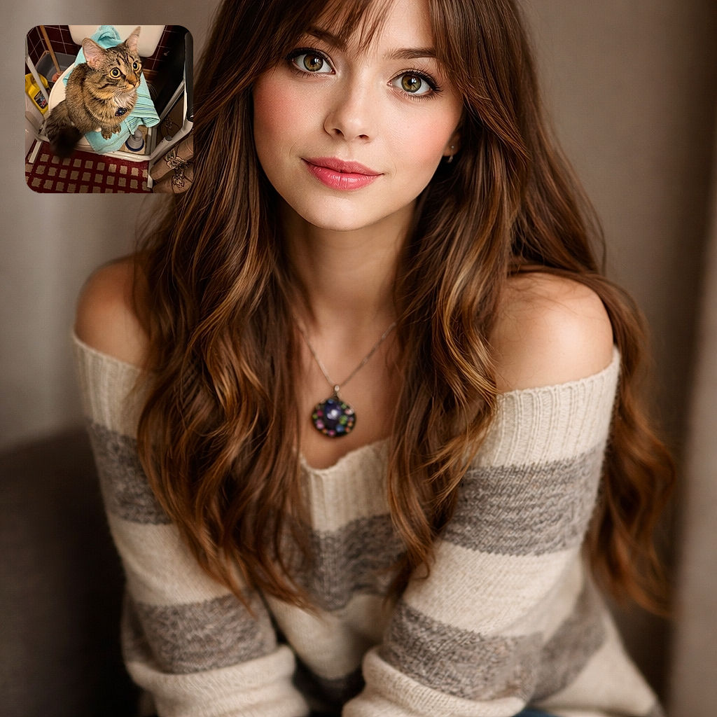 A wide-eyed tabby perched like a tiny bathroom monarch on a towel-draped toilet seat, staring up with cartoonish curiosity. Surroundings include a striped towel, red patterned rug, plunger, litter box and toiletries — cluttered but cozy — while the cat's fluffy tail and floral curtain add domestic charm.