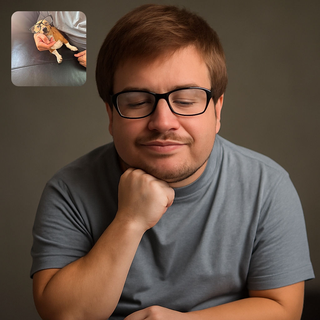 A small dog lounging on a black leather couch, wearing oversized glasses perched comically on its nose, while being gently held by a person in a gray shirt. The lighting casts a warm glow, creating a cozy and humorous scene.